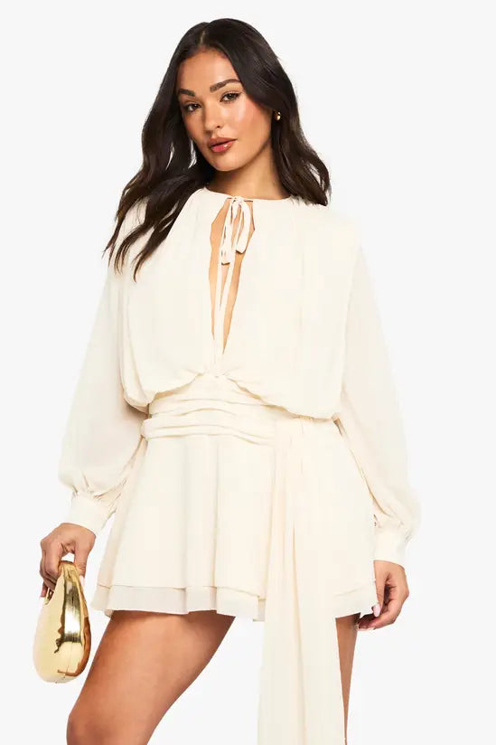 boohoo Petite Chiffon Ruched Drape Smock Dress