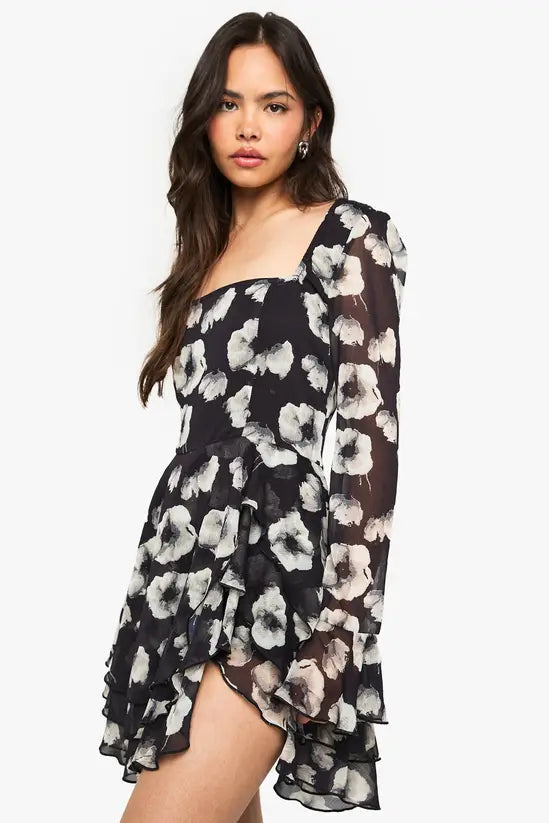 boohoo Floral Chiffon Skater Dress