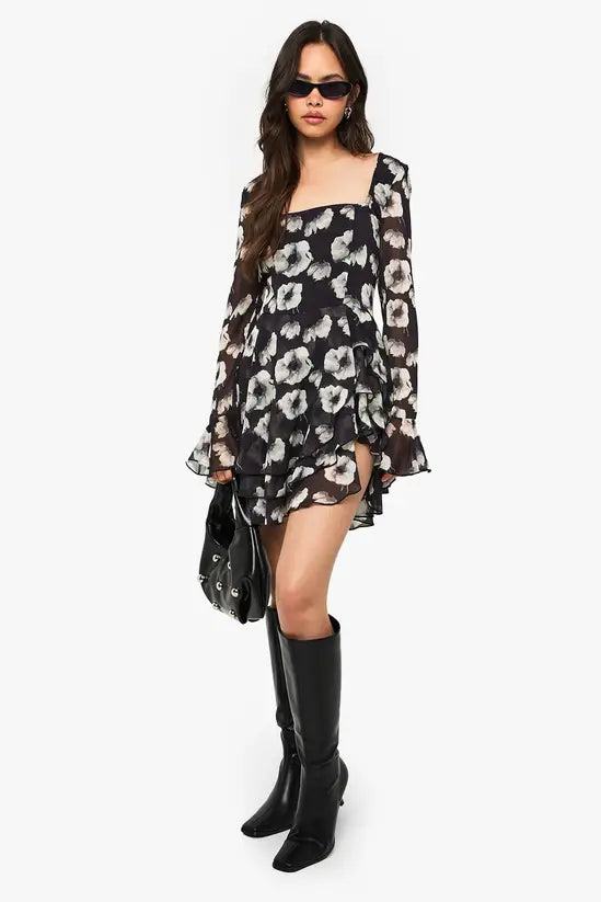 boohoo Floral Chiffon Skater Dress
