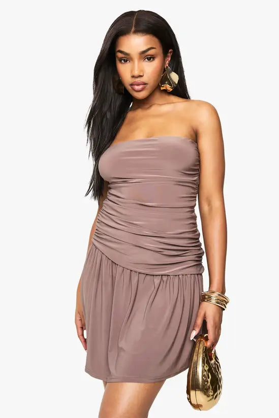 boohoo Slinky Ruched Bandeau Mini Dress