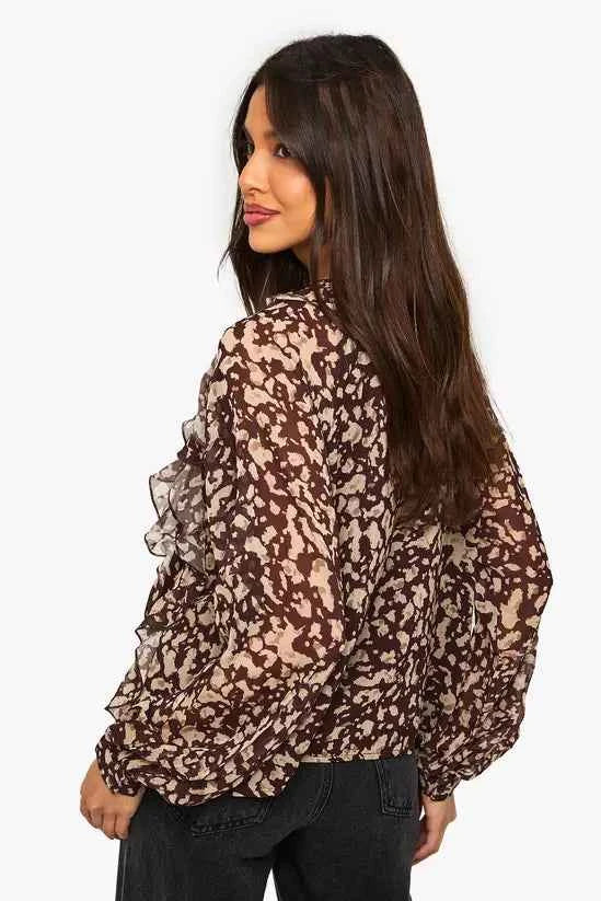 boohoo Abstract Print Chiffon Ruffle Blouse