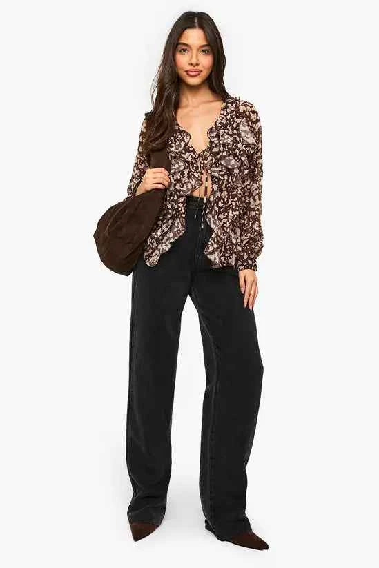 boohoo Abstract Print Chiffon Ruffle Blouse