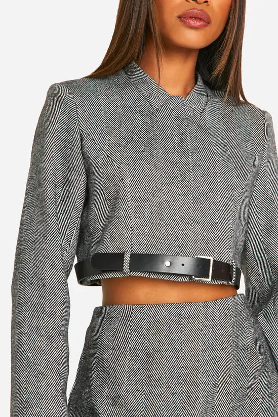 boohoo Herringbone Belt Detail Cropped Blazer