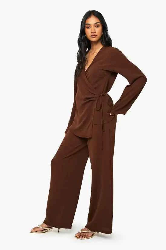 boohoo Woven Wrap Top & Trouser Set
