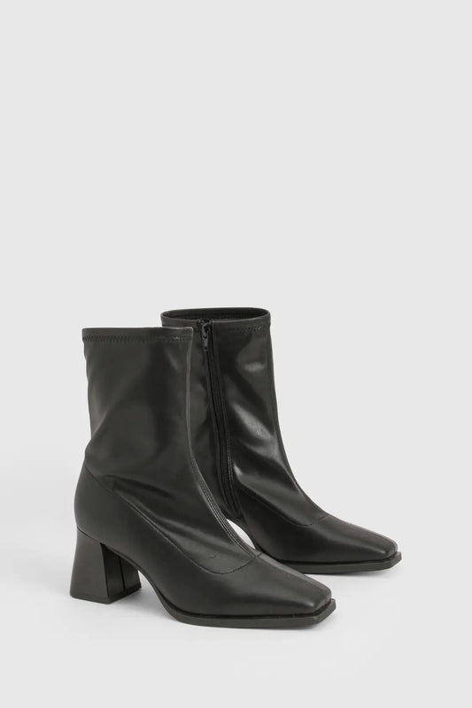 boohoo Wide Fit Flared Stacked Pointed Sock Boots