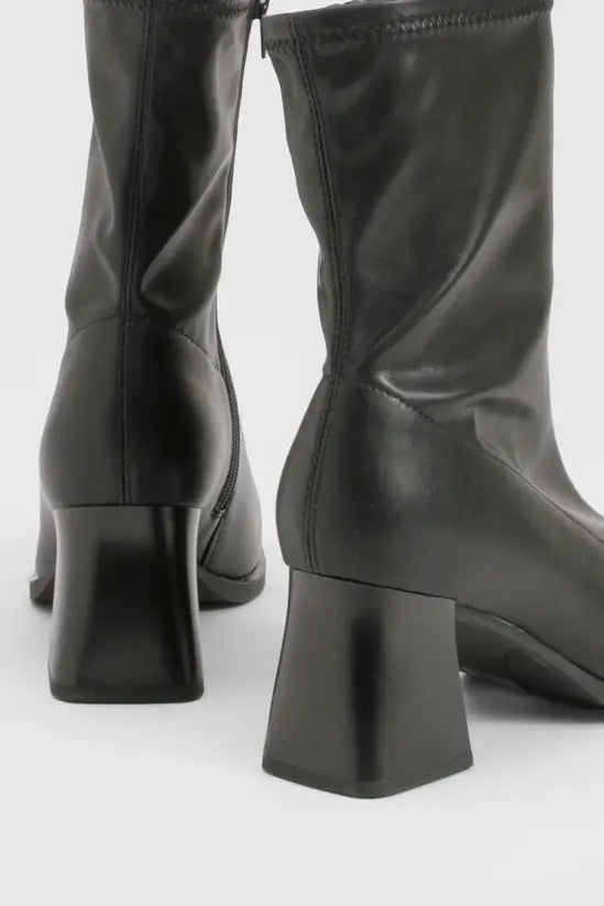 boohoo Wide Fit Flared Stacked Pointed Sock Boots