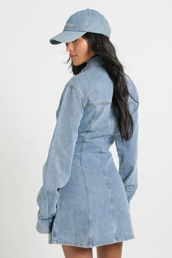 boohoo Tall Long Sleeve Cinched Waist Denim Dress