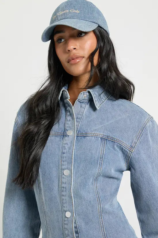 boohoo Tall Long Sleeve Cinched Waist Denim Dress