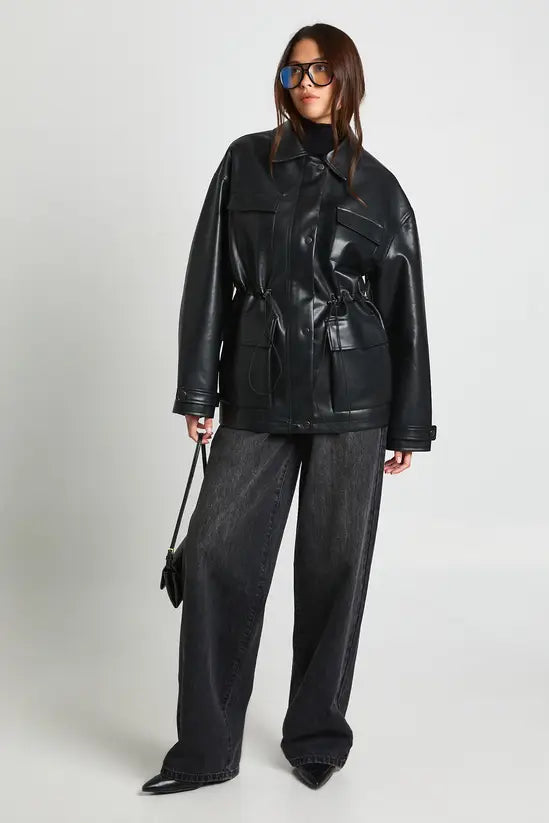 boohoo Faux Leather Pocket Detail Cinch Waist Jacket