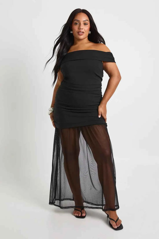 boohoo Plus Bardot Ruched Maxi Dress