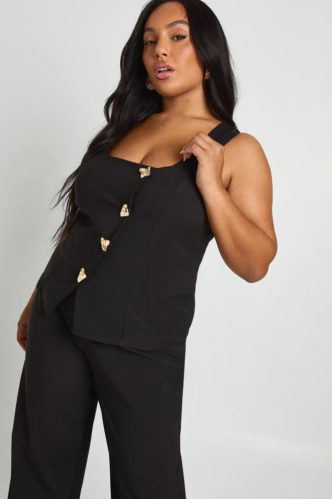boohoo Plus Asymmetric Gold Trim Detail Waistcoat