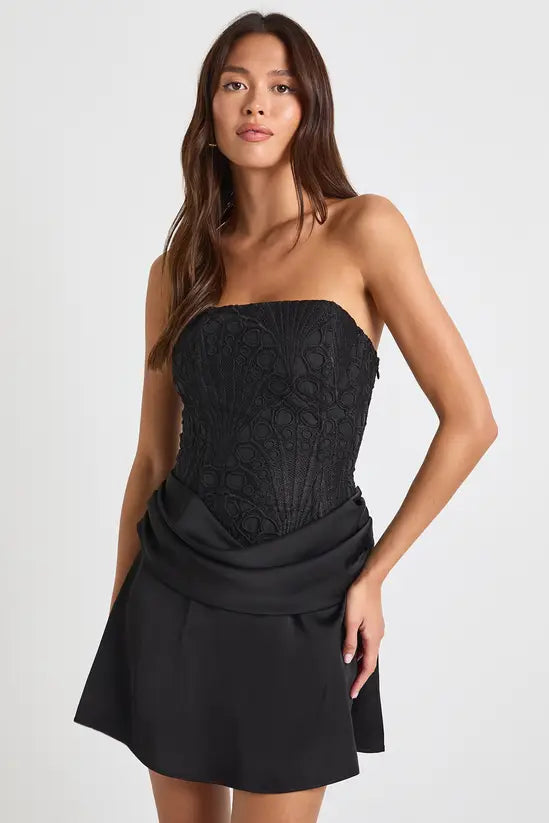 boohoo Textured Sheer Floral Lace Corset Drape Mini Dress