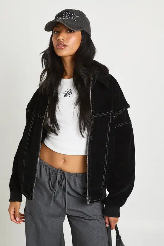 boohoo Petite Faux Suede Contrast Stitch Bomber Jacket