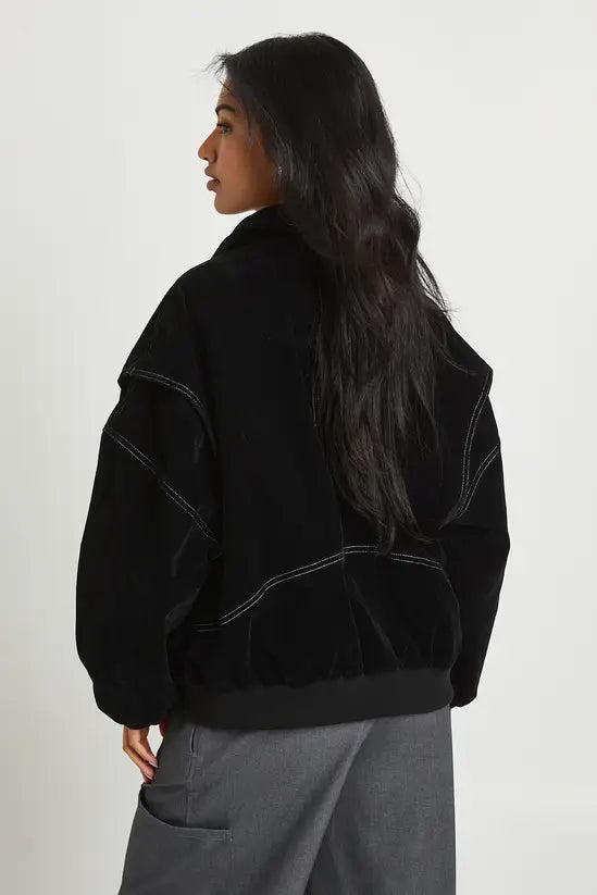 boohoo Petite Faux Suede Contrast Stitch Bomber Jacket