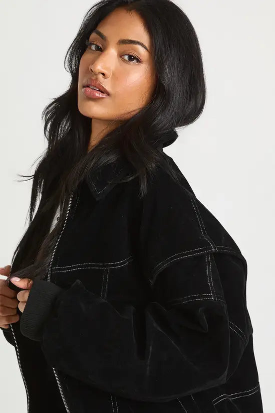 boohoo Petite Faux Suede Contrast Stitch Bomber Jacket