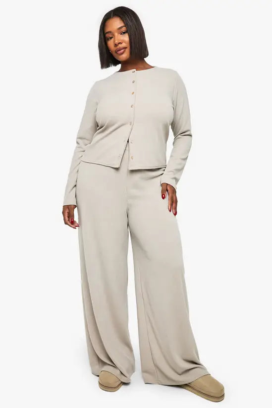 boohoo Plus Rib Button Trouser Co-Ord