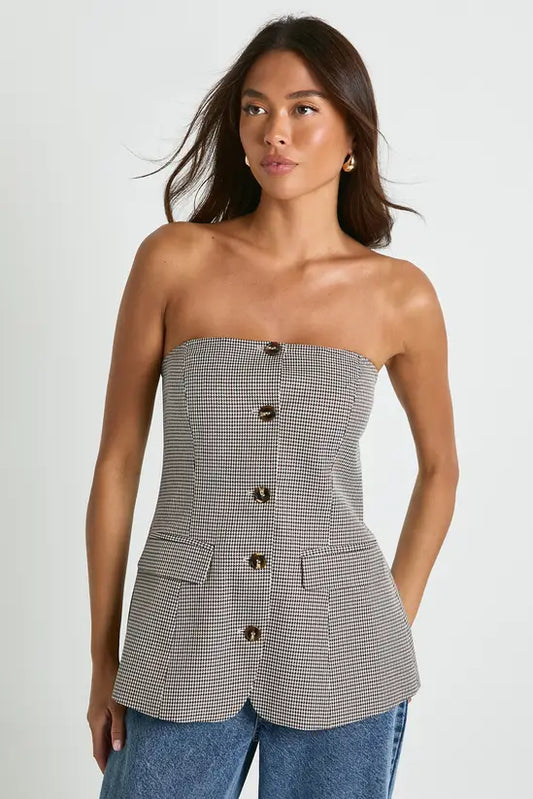 boohoo Tonal Mini Check Tailored Bandeau Top
