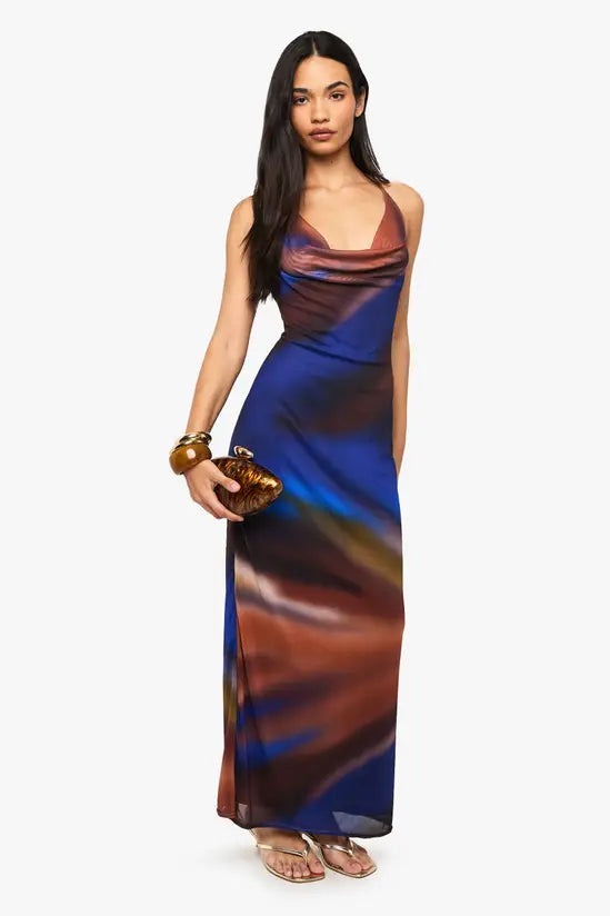 Boohoo Mesh Print Cowl Maxi Dress