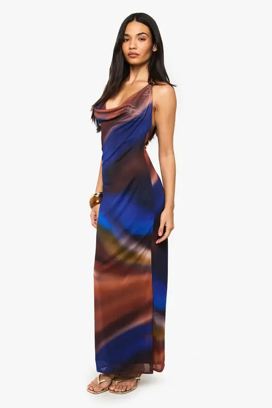 Boohoo Mesh Print Cowl Maxi Dress