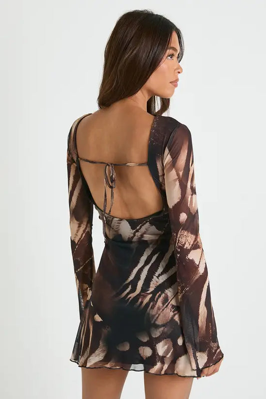 boohoo Abstract Mesh Flare Sleeve Mini Dress