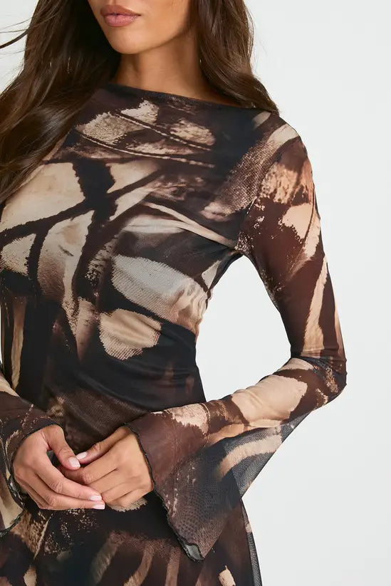 boohoo Abstract Mesh Flare Sleeve Mini Dress
