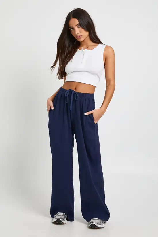 boohoo Petite Rib Wide Leg Trouser