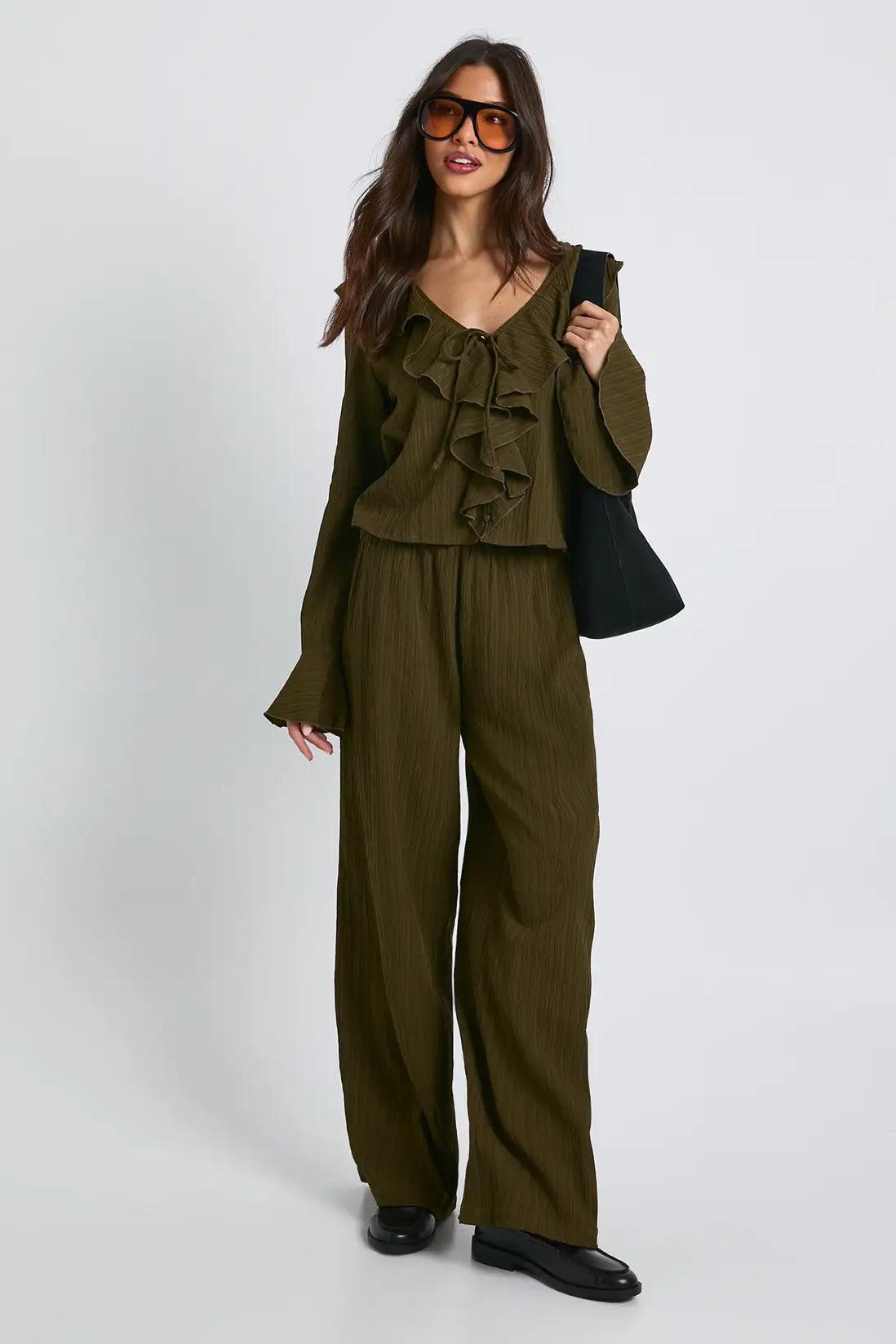 boohoo Crinkle Textured Blouse & Wide Leg Trouser Co-ord