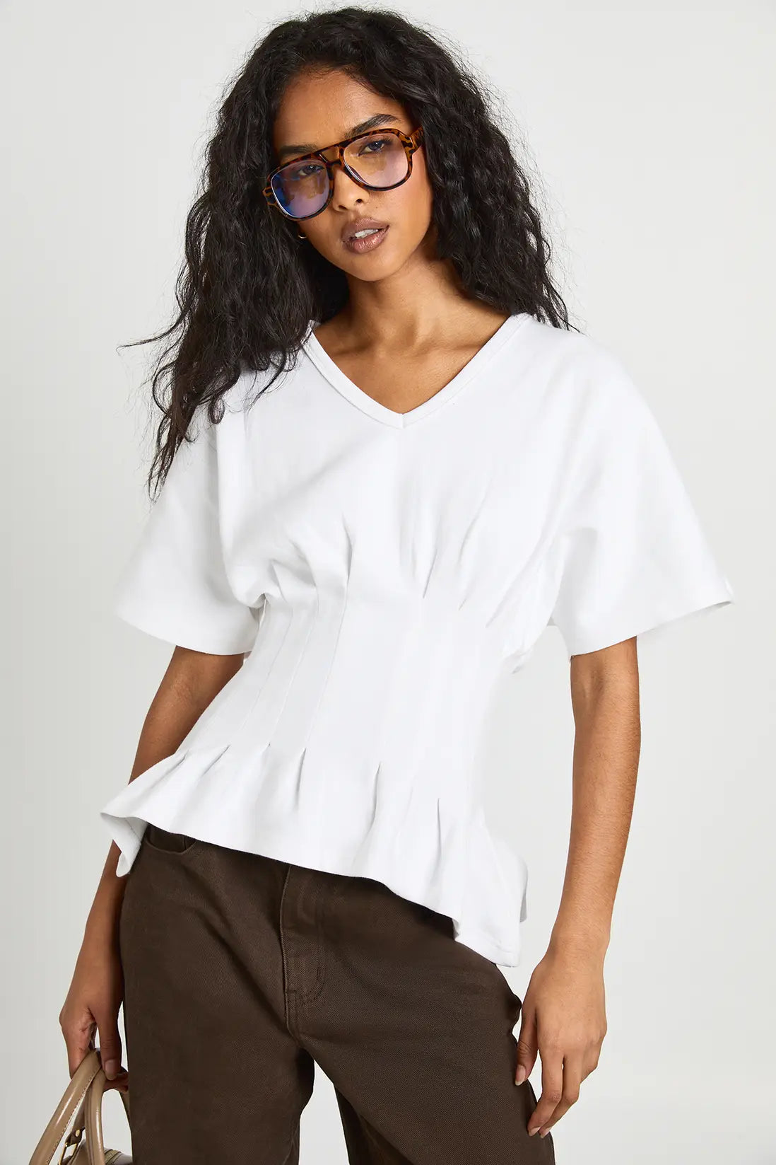 boohoo Interlock V Neck Cinched Waist Peplum T-Shirt
