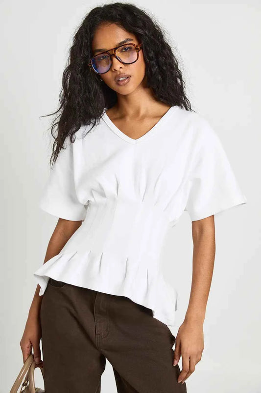 boohoo Interlock V Neck Cinched Waist Peplum T-Shirt