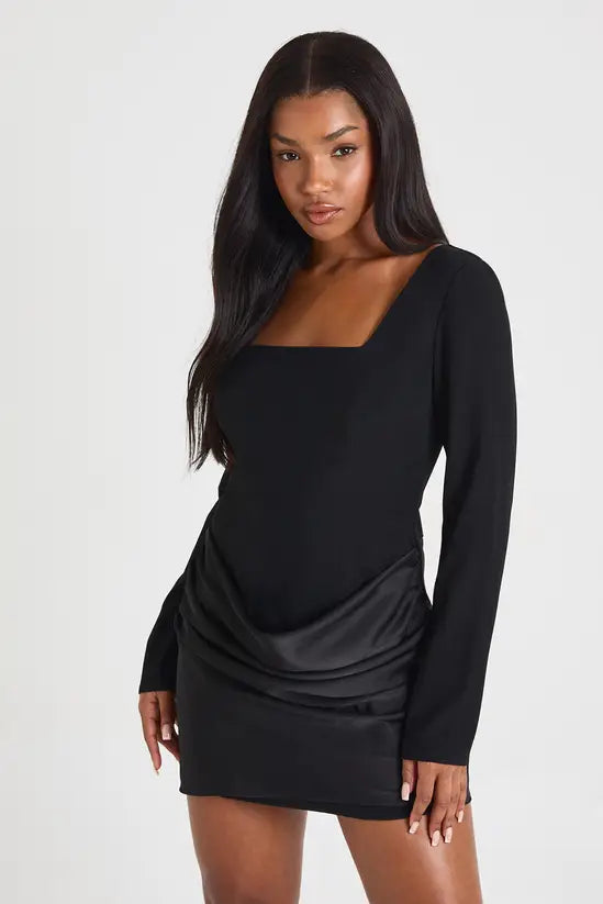 boohoo Satin Drape Long Sleeve Mini Dress
