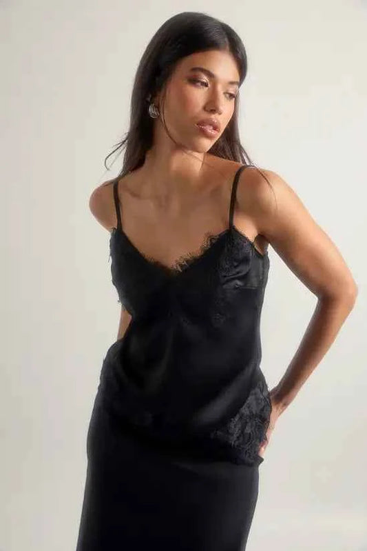 boohoo Lace Trim Satin Cami Top