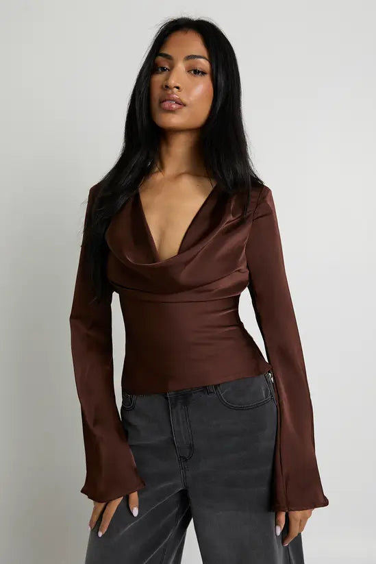 boohoo Long Sleeve Satin Cowl Neck Top