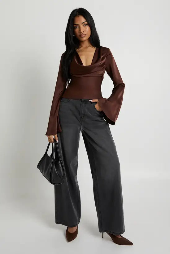 boohoo Long Sleeve Satin Cowl Neck Top