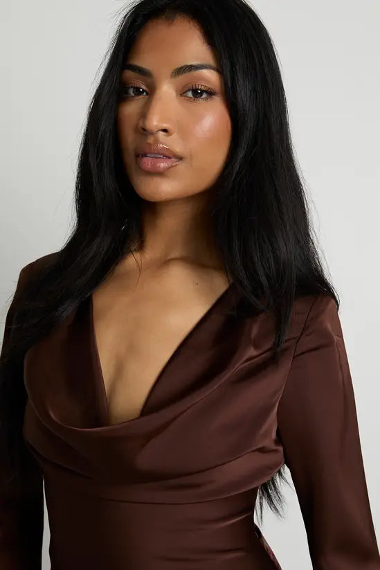 boohoo Long Sleeve Satin Cowl Neck Top