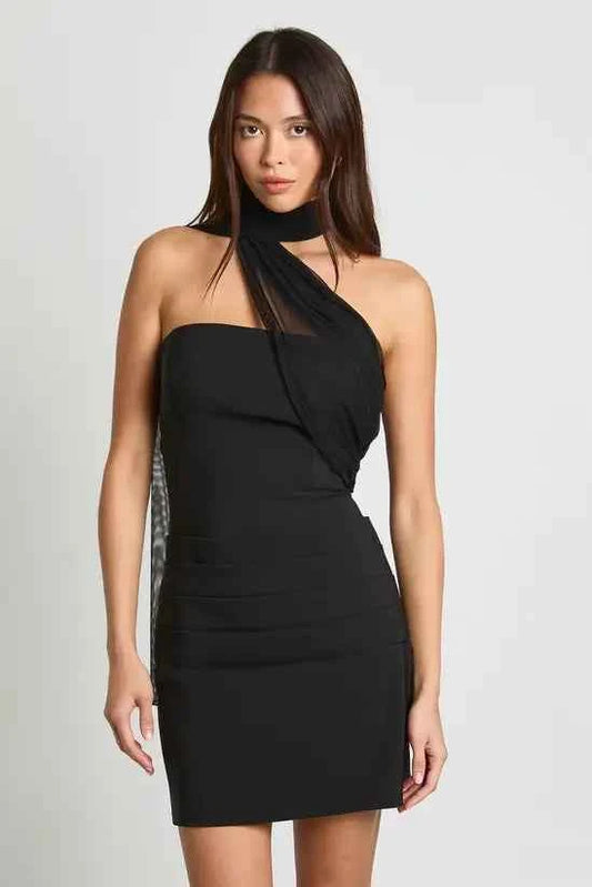 boohoo Mesh Fabric Mix Draped Mini Dress