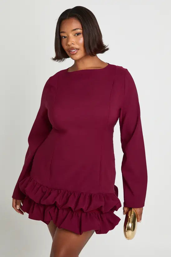 boohoo Plus Woven Puff Sleeve Ruffle Hem Shift Dress