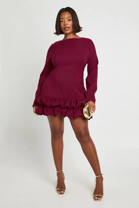 boohoo Plus Woven Puff Sleeve Ruffle Hem Shift Dress