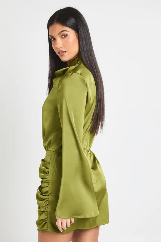 Boohoo Satin High Cowl Wrap Mini Dress