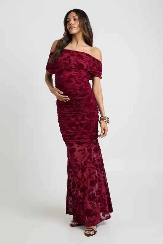 Boohoo - Maternity Devore Asymmetric Neckline Sheer Skirt Maxi Dress