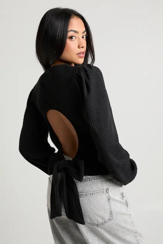 boohoo Brushed Rib Tie Back Detail Long Sleeve Top
