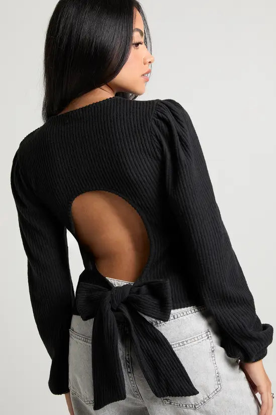 boohoo Brushed Rib Tie Back Detail Long Sleeve Top