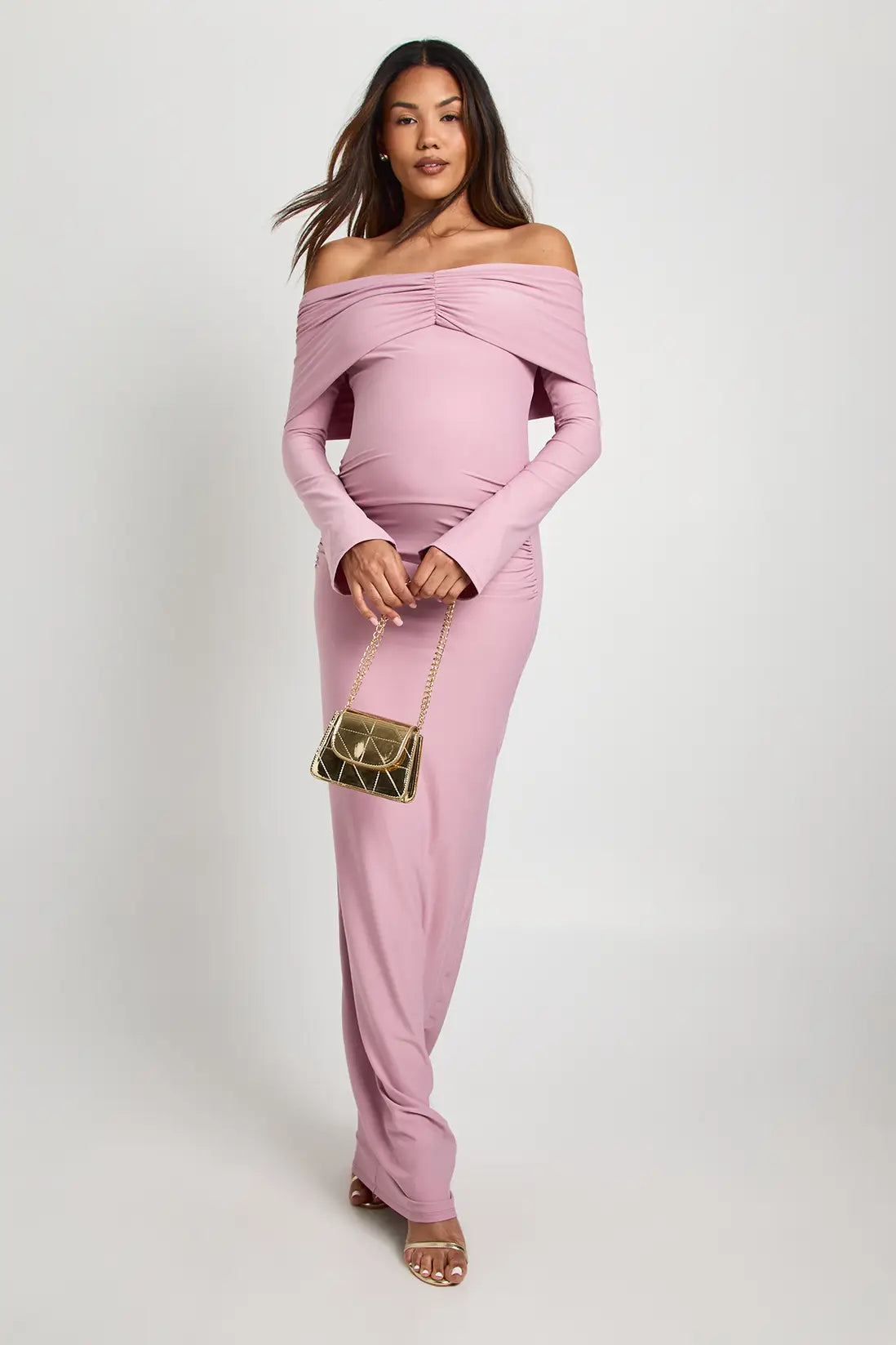 boohoo Maternity Bardot Ruched Flare Sleeve Maxi Dress