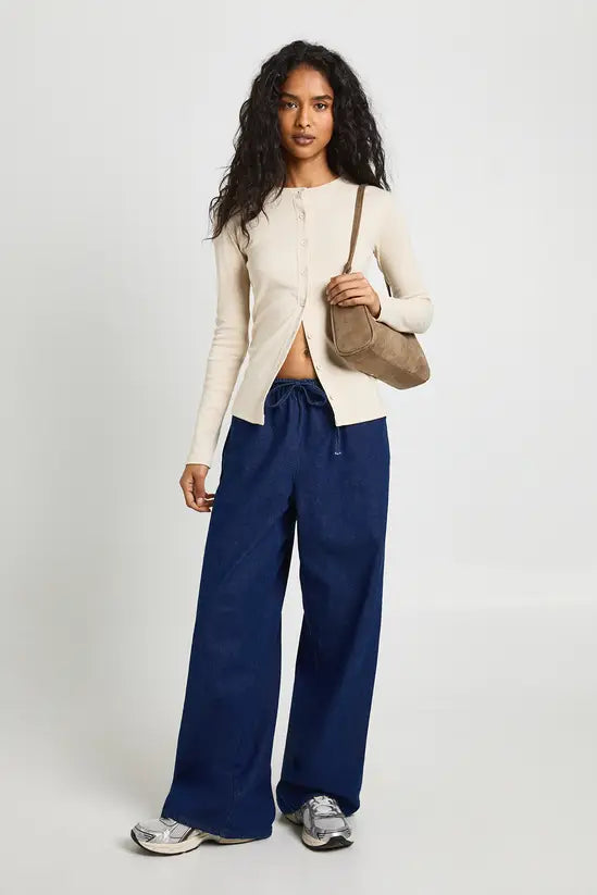 boohoo Rib Button Through Long Sleeve Top