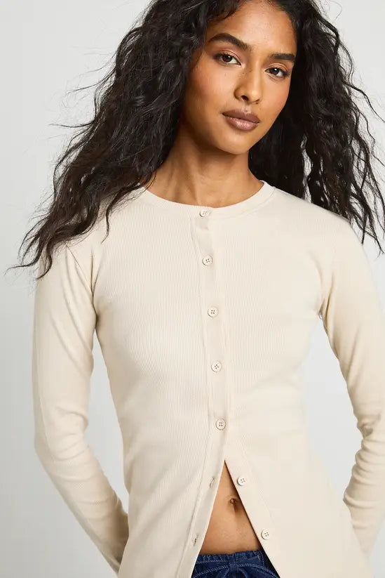 boohoo Rib Button Through Long Sleeve Top