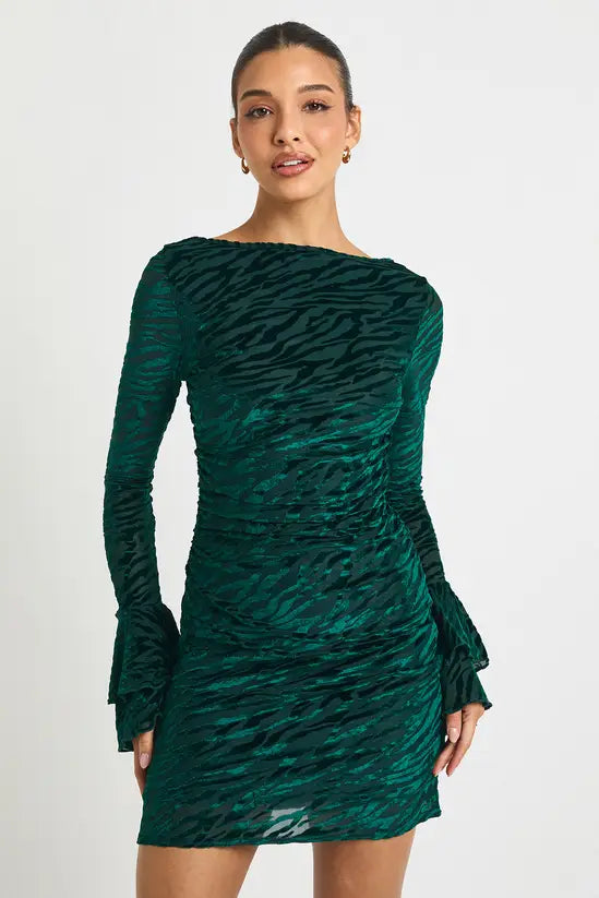 boohoo Devore Flare Sleeve Open Back Mini Dress