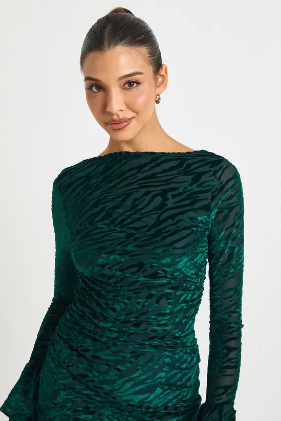 boohoo Devore Flare Sleeve Open Back Mini Dress