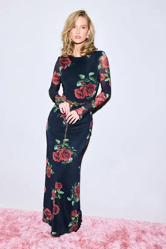 boohoo Rose Print Mesh Shoulder Pad Flare Sleeve Bodysuit