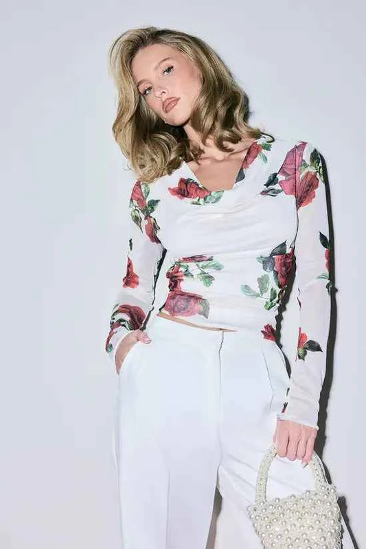 boohoo Rose Print Mesh Cowl Neck Long Sleeve Top