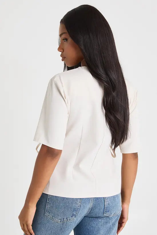 boohoo Woven Marl Bow Detail Cinch Waist Top