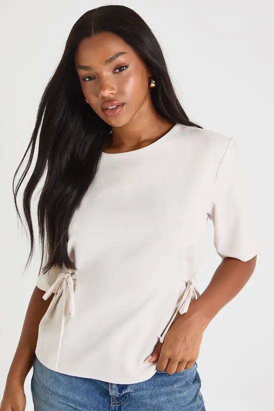 boohoo Woven Marl Bow Detail Cinch Waist Top